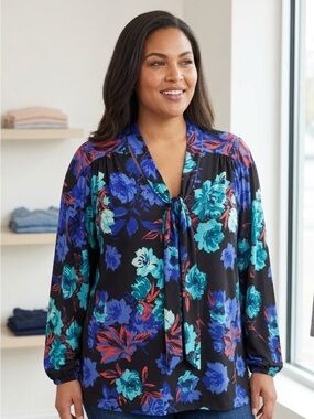 Jessica London Floral Tie Neck Blouse Blue Teal Black Plus Size 22/24 EUC